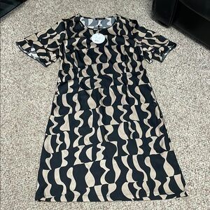 Sunday satin Black and Tan Patterned ruffle sleeve midi Dress